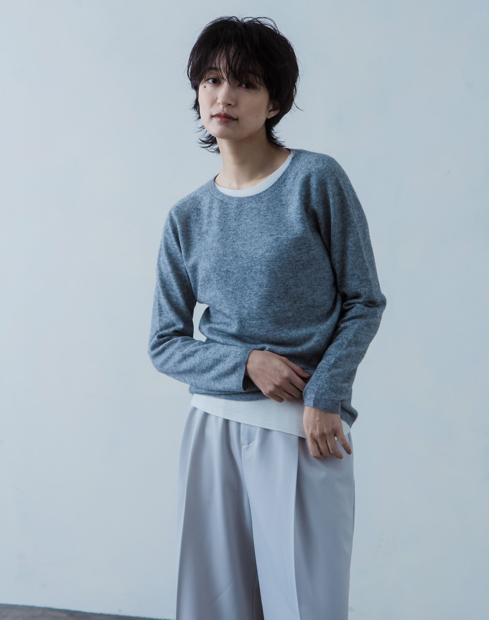 NUONEカシミヤシルクラウンドネックプルオーバー 日本製 洗える 温活